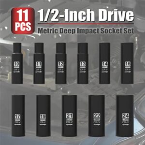 EPAuto 1/2-Inch Drive Metric Deep Impact Socket Set, Cr-V, 6 Points, 11 Sockets