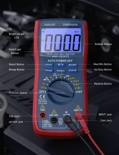 AstroAI Digital Multimeter and Analyzer TRMS 6000 Counts Volt Meter Ohmmeter Auto-Ranging Tester; Accurately Measures Voltage Current Resistance Diodes Continuity Duty-Cycle Capacitance Temperature