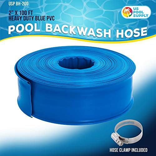 U.S. Pool Supply 2" x 100' Heavy Duty Blue Swimming Pool Backwash Hose with Hose Clamp