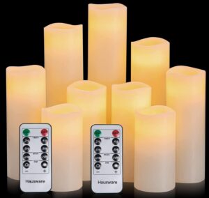 hausware flameless candles battery operated candles h 4" 5" 6" 7" 8" 9" real wax pillar flickering candles led flameless candles with remote and timer control set of 9 (ivory color)