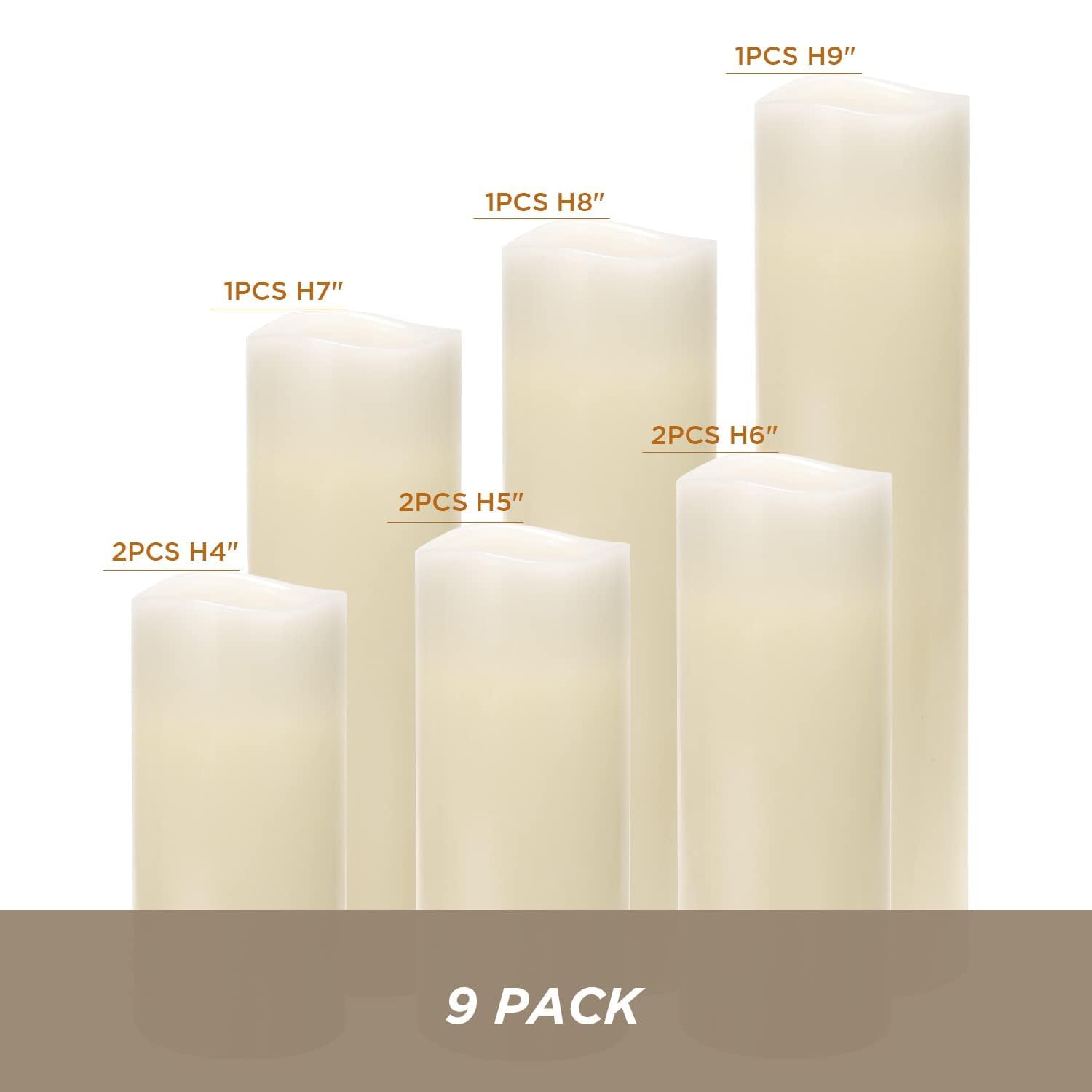 Hausware Flameless Candles Battery Operated Candles H 4" 5" 6" 7" 8" 9" Real Wax Pillar Flickering Candles LED Flameless Candles with Remote and Timer Control Set of 9 (Ivory Color)