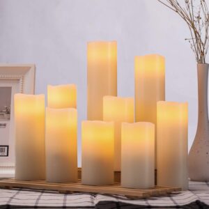 Hausware Flameless Candles Battery Operated Candles H 4" 5" 6" 7" 8" 9" Real Wax Pillar Flickering Candles LED Flameless Candles with Remote and Timer Control Set of 9 (Ivory Color)