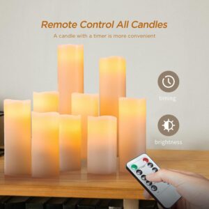 Hausware Flameless Candles Battery Operated Candles H 4" 5" 6" 7" 8" 9" Real Wax Pillar Flickering Candles LED Flameless Candles with Remote and Timer Control Set of 9 (Ivory Color)