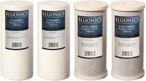 bluonics sediment & carbon block replacement water filters 4pcs (5 micron) 4.5" x 10" whole house cartridges for rust, iron, sand, dirt, sediment, chlorine, insecticides and odors
