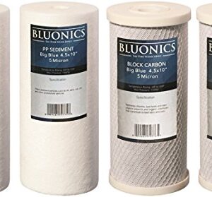 BLUONICS Sediment & Carbon Block Replacement Water Filters 4pcs (5 Micron) 4.5" x 10" Whole House Cartridges for Rust, Iron, Sand, Dirt, Sediment, Chlorine, Insecticides and Odors