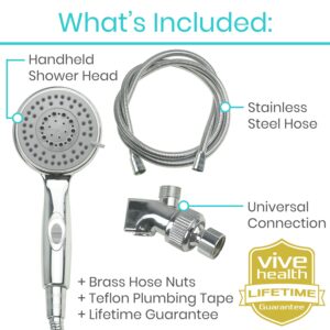 Vive Hand Held Shower Head with Long Hose - Detachable 2 in 1 Universal High Pressure Handheld Adapter - Chrome Finish with Large Waterfall Rainfall & Holder for Wall - Clean Overhead Rain Style