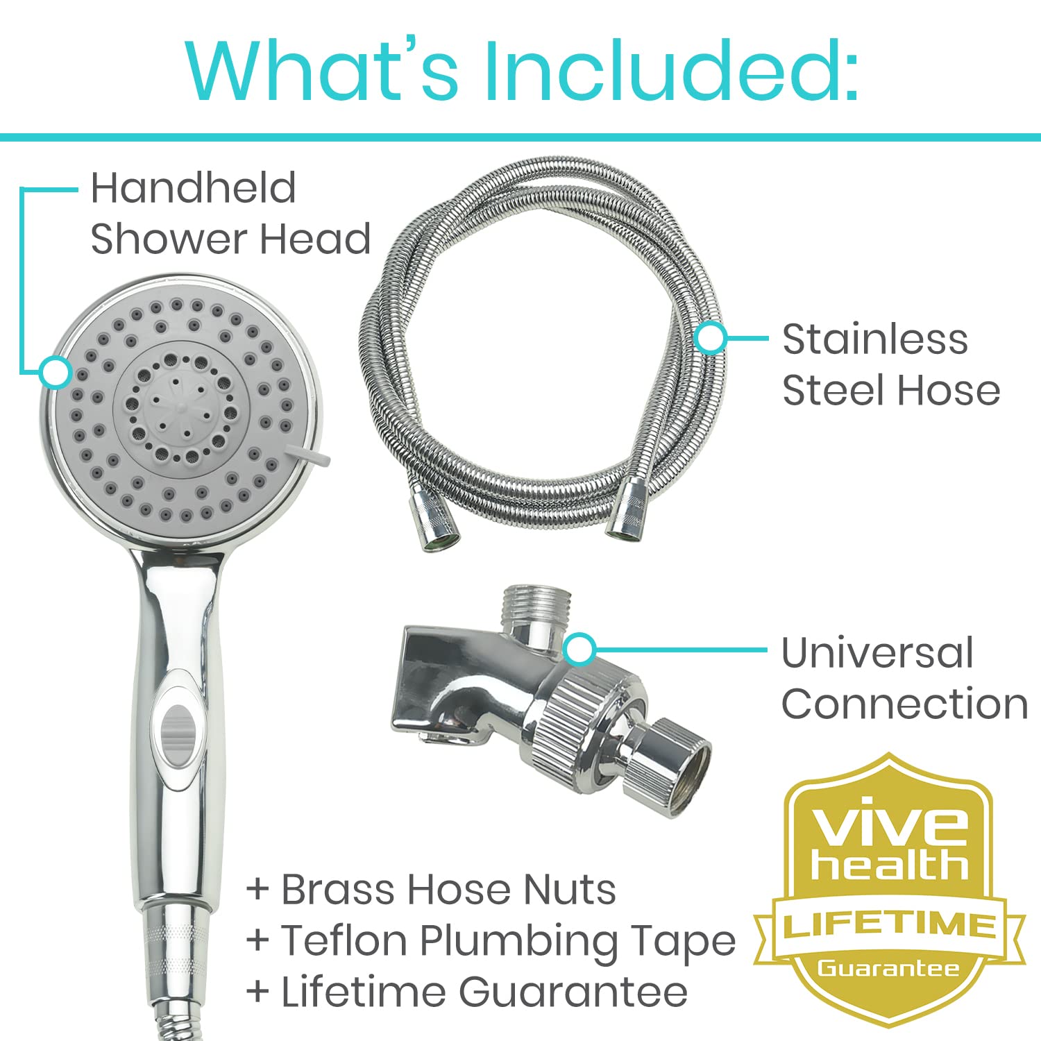 Vive Hand Held Shower Head with Long Hose - Detachable 2 in 1 Universal High Pressure Handheld Adapter - Chrome Finish with Large Waterfall Rainfall & Holder for Wall - Clean Overhead Rain Style