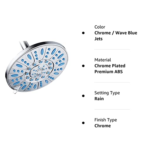 AquaDance 7-inch 6-Setting Rainfall Showerhead with Anti-Microbial Microban Protection from Mold, Mildew, and Bacteria - Clog-Free Wave Blue Jets, Chrome Finish