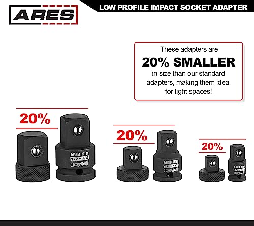 ARES 70198 - Low Profile Impact Socket Adapter Set - Impact-Rated Heat-Treated Chrome Vanadium Steel Features Knurling For Enhanced Grip