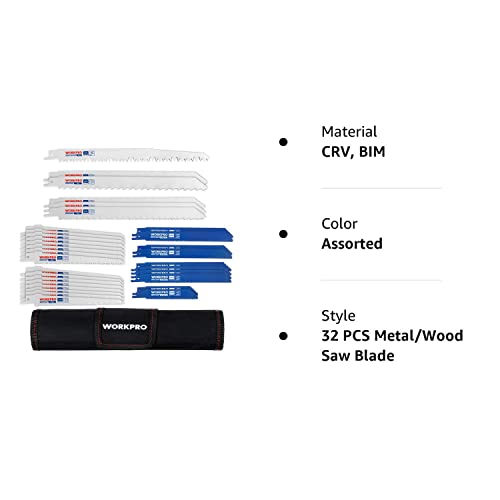 WORKPRO 32-Piece Reciprocating Saw Blade Set - Metal/Woodcutting Saw Blades, Pruner Saw Blades with Organizer Pouch