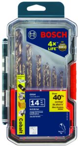 bosch co14 14-piece assorted set with included case cobalt metal drill bit with three-flat shank for drilling applications in stainless steel, cast iron, titanium, light-gauge metal, aluminum