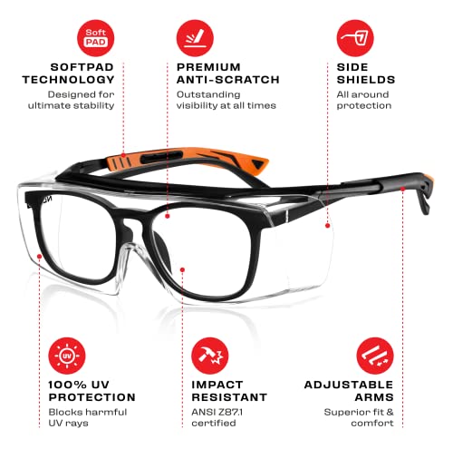 NoCry Safety Glasses Over Eyeglasses with Anti Scratch Wraparound Lenses, UV400 Protective Eyewear, ANSI Z87 & OSHA Approved Safety Goggles Over Glasses in the Lab or Shooting Glasses Over Eyeglasses