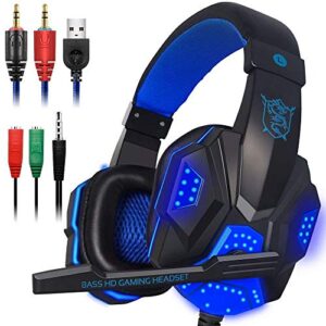 gaming headset with mic and led light for laptop computer, cellphone, ps4 and so on, dland 3.5mm wired noise isolation gaming headphones - volume control.(black and blue)