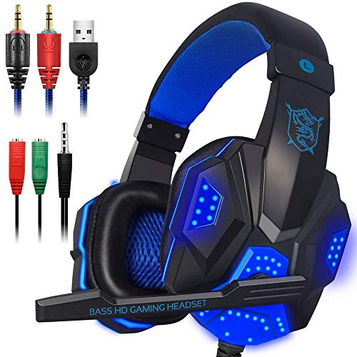 Gaming Headset with Mic and LED Light for Laptop Computer, Cellphone, PS4 and so on, DLAND 3.5mm Wired Noise Isolation Gaming Headphones - Volume Control.(Black and Blue)