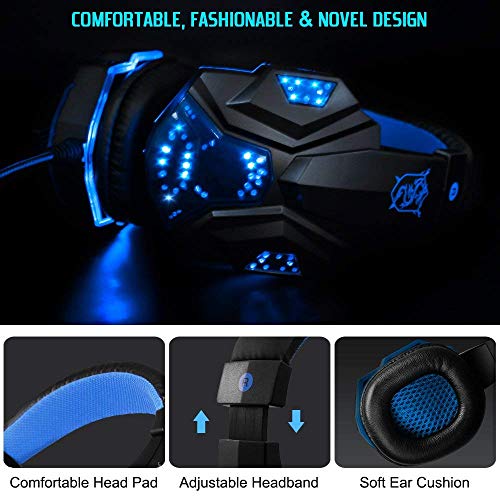 Gaming Headset with Mic and LED Light for Laptop Computer, Cellphone, PS4 and so on, DLAND 3.5mm Wired Noise Isolation Gaming Headphones - Volume Control.(Black and Blue)