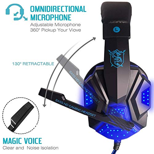 Gaming Headset with Mic and LED Light for Laptop Computer, Cellphone, PS4 and so on, DLAND 3.5mm Wired Noise Isolation Gaming Headphones - Volume Control.(Black and Blue)