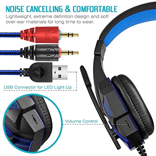 Gaming Headset with Mic and LED Light for Laptop Computer, Cellphone, PS4 and so on, DLAND 3.5mm Wired Noise Isolation Gaming Headphones - Volume Control.(Black and Blue)