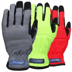 jorestech 3 in 1 pack touch screen technology multipurpose work gloves (large, yellow/red/gray)