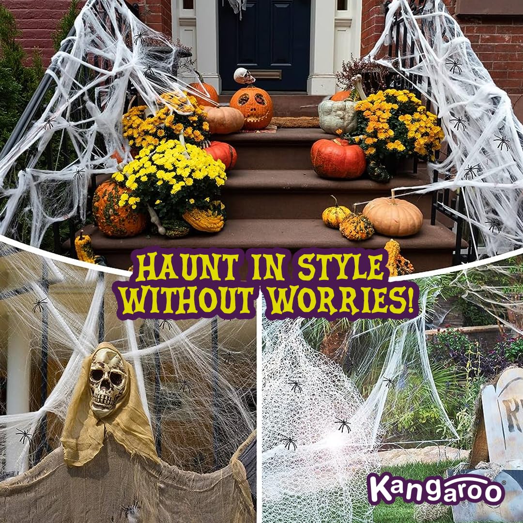 Kangaroo Spider Webs & Fake Spiders for Halloween Decorations Indoor & Outdoor I Spooky 200 Square Feet Cobweb Halloween Party Decorations I Giant Spider Web Decoration for Scary Halloween Decorations