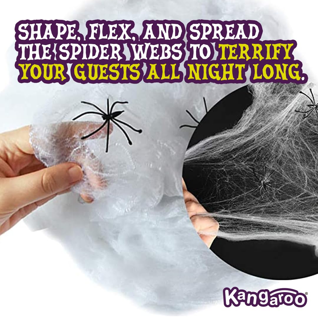 Kangaroo Spider Webs & Fake Spiders for Halloween Decorations Indoor & Outdoor I Spooky 200 Square Feet Cobweb Halloween Party Decorations I Giant Spider Web Decoration for Scary Halloween Decorations