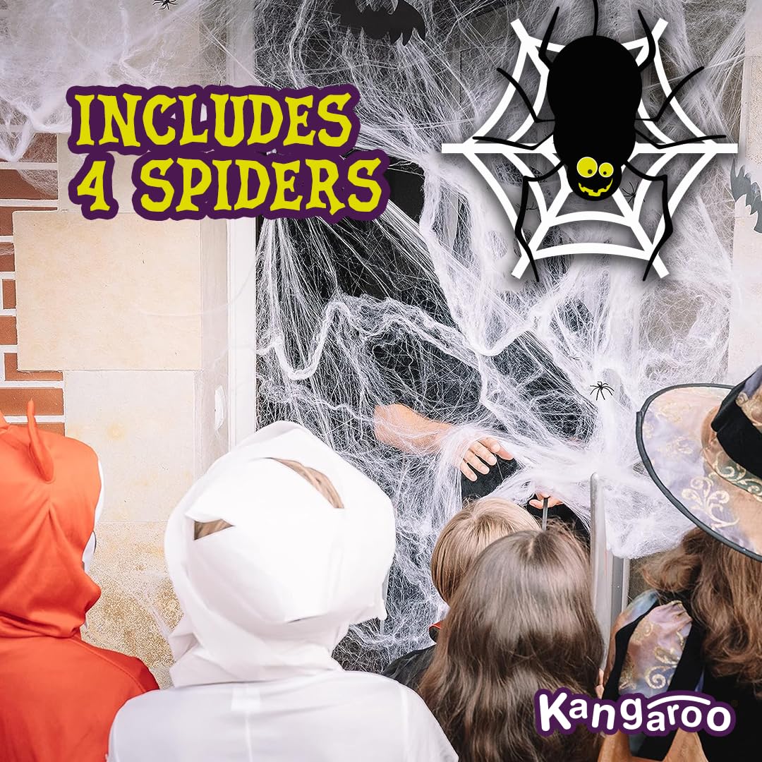 Kangaroo Spider Webs & Fake Spiders for Halloween Decorations Indoor & Outdoor I Spooky 200 Square Feet Cobweb Halloween Party Decorations I Giant Spider Web Decoration for Scary Halloween Decorations