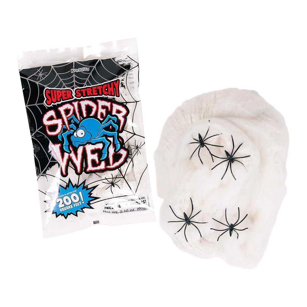 Kangaroo Spider Webs & Fake Spiders for Halloween Decorations Indoor & Outdoor I Spooky 200 Square Feet Cobweb Halloween Party Decorations I Giant Spider Web Decoration for Scary Halloween Decorations