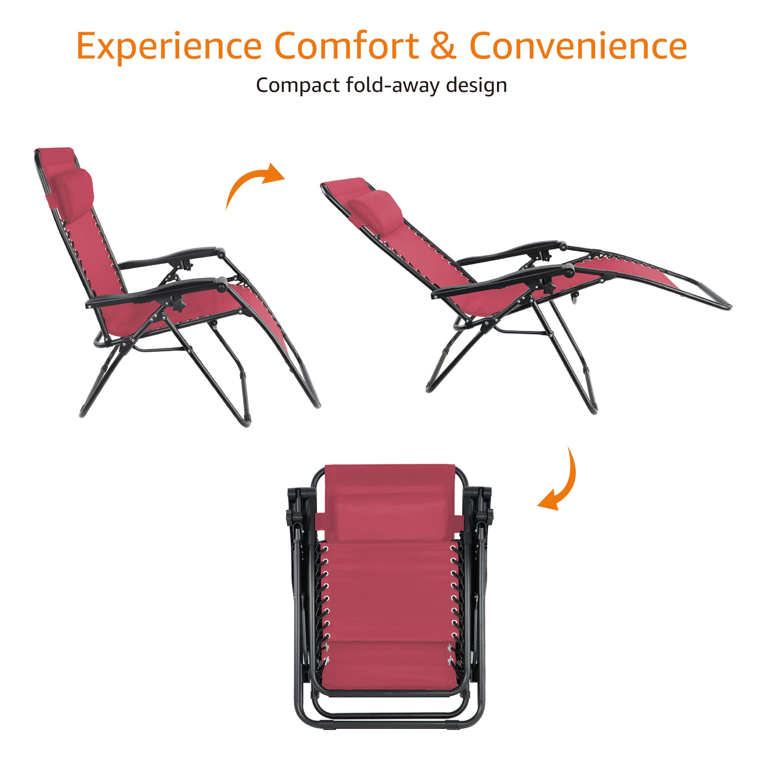 Amazon Basics Outdoor Textilene Adjustable Zero Gravity Folding Reclining Lounge Chair with Pillow, 26", Burgundy