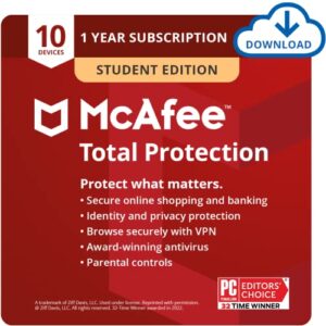 mcafee total protection 2022 student edition | 10 device | antivirus internet security software | vpn, password manager, dark web monitoring | pc/mac/android/ios | 1 year subscription | download code - prime student exclusive