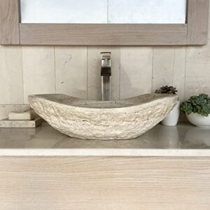 edupet tan travertine chiseled stone bathroom vessel sink - oval canoe shape - 100% natural marble, hand carved - free matching soap tray