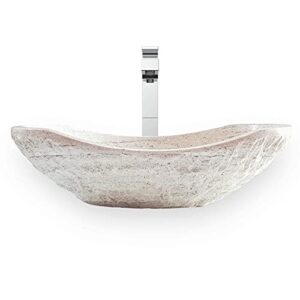 EDUPET Tan Travertine Chiseled Stone Bathroom Vessel Sink - Oval Canoe Shape - 100% Natural Marble, Hand Carved - Free Matching Soap Tray