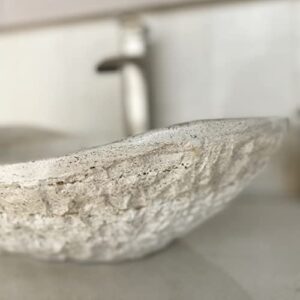 EDUPET Tan Travertine Chiseled Stone Bathroom Vessel Sink - Oval Canoe Shape - 100% Natural Marble, Hand Carved - Free Matching Soap Tray