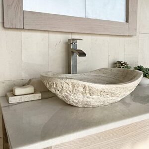 EDUPET Tan Travertine Chiseled Stone Bathroom Vessel Sink - Oval Canoe Shape - 100% Natural Marble, Hand Carved - Free Matching Soap Tray