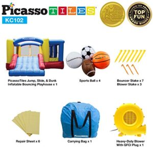 [Upgrade Version] PicassoTiles KC102 12x10 Foot Inflatable Bouncer Jumping Bouncing House, Jump Slide, Dunk Playhouse w/Basketball Rim, 4 Sports Balls, Full-Size Entry, 580W ETL Certified Blower