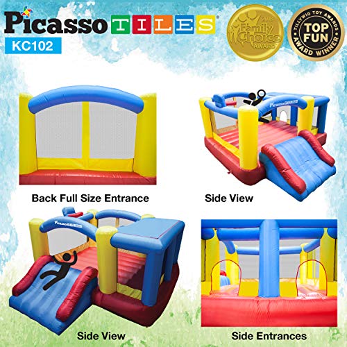 [Upgrade Version] PicassoTiles KC102 12x10 Foot Inflatable Bouncer Jumping Bouncing House, Jump Slide, Dunk Playhouse w/Basketball Rim, 4 Sports Balls, Full-Size Entry, 580W ETL Certified Blower