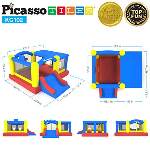 [Upgrade Version] PicassoTiles KC102 12x10 Foot Inflatable Bouncer Jumping Bouncing House, Jump Slide, Dunk Playhouse w/Basketball Rim, 4 Sports Balls, Full-Size Entry, 580W ETL Certified Blower