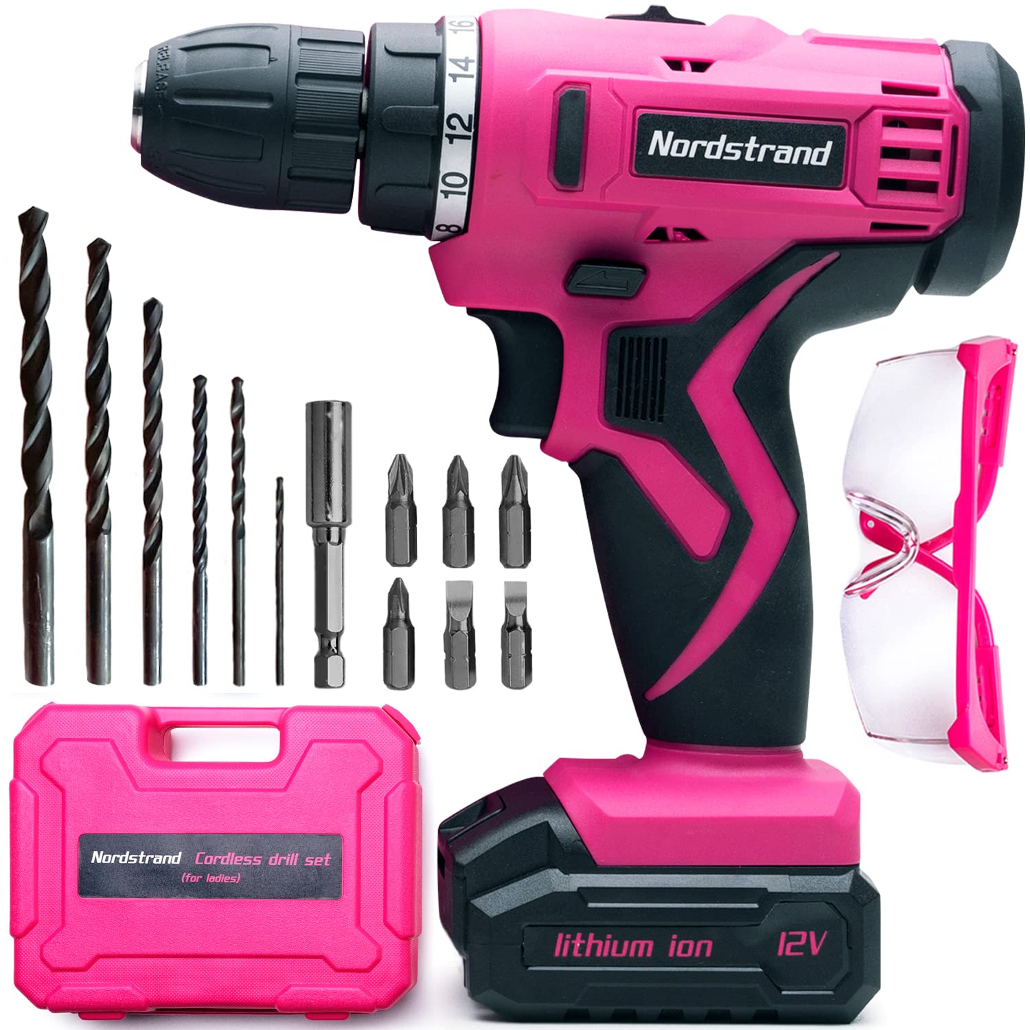 Pink Cordless Drill Set - Electric Screwdriver Cordless Drill Kit for Women - 12V Rechargeable Li-Ion Battery - Storage Case, Bits, Drills & Safety Glasses - Gift for Mom, Sister or Wife