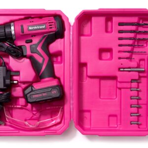 Pink Cordless Drill Set - Electric Screwdriver Cordless Drill Kit for Women - 12V Rechargeable Li-Ion Battery - Storage Case, Bits, Drills & Safety Glasses - Gift for Mom, Sister or Wife