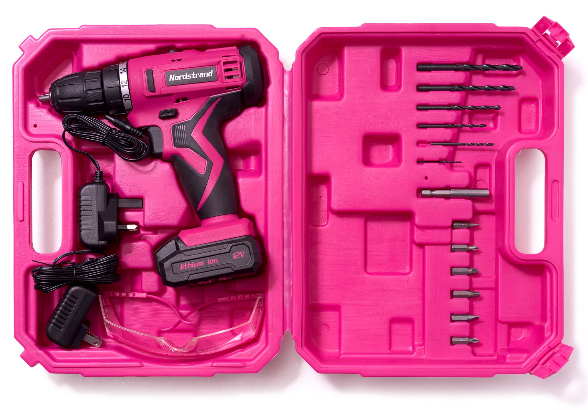 Pink Cordless Drill Set - Electric Screwdriver Cordless Drill Kit for Women - 12V Rechargeable Li-Ion Battery - Storage Case, Bits, Drills & Safety Glasses - Gift for Mom, Sister or Wife