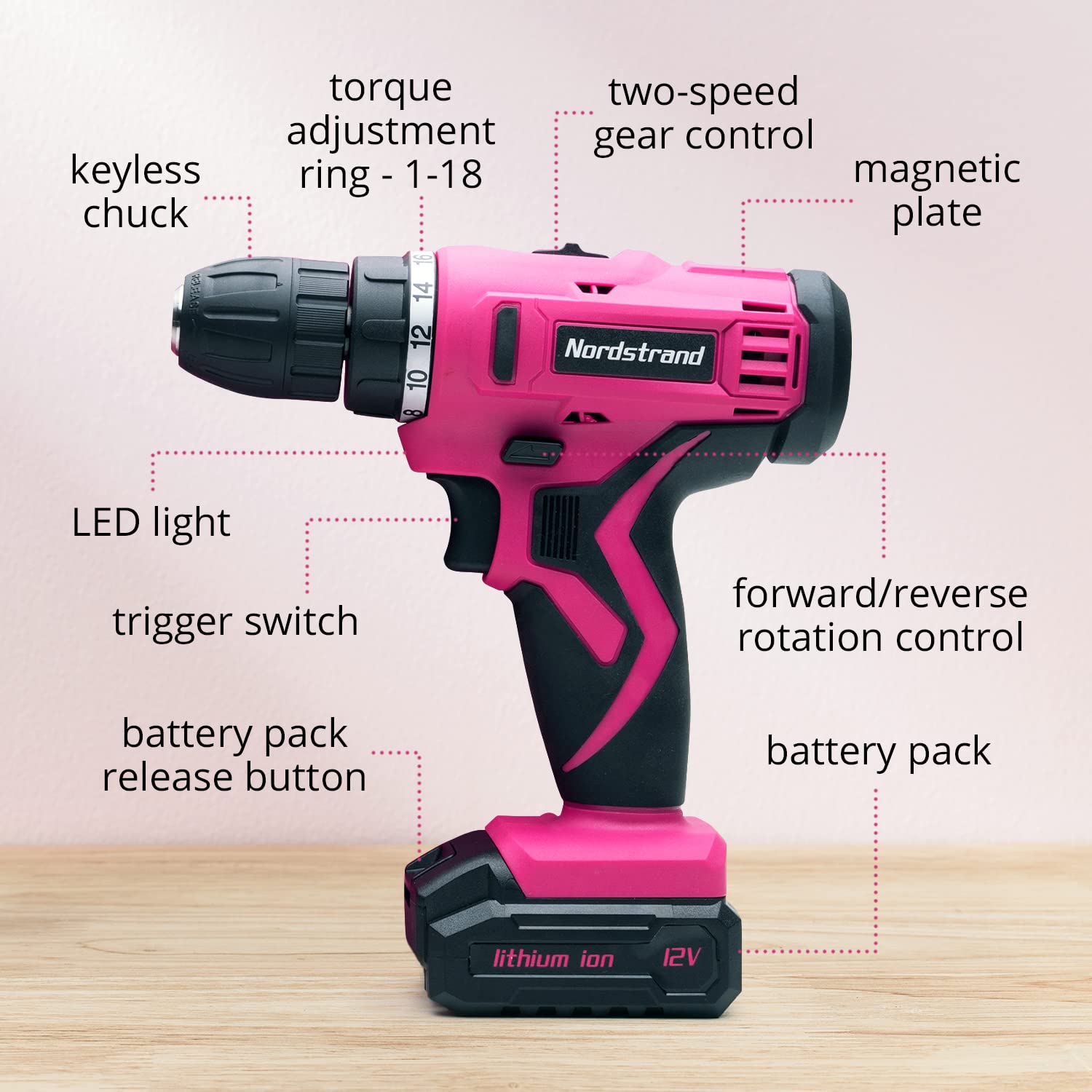 Pink Cordless Drill Set - Electric Screwdriver Cordless Drill Kit for Women - 12V Rechargeable Li-Ion Battery - Storage Case, Bits, Drills & Safety Glasses - Gift for Mom, Sister or Wife