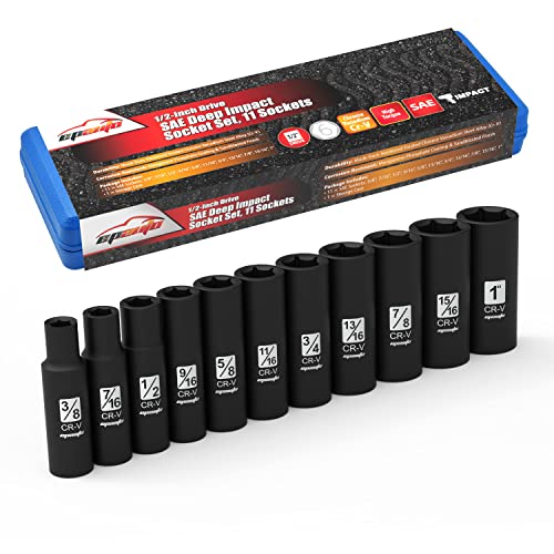 EPAuto 1/2-Inch Drive SAE Deep Impact Socket Set, Cr-V, 6 Points, 11 Sockets