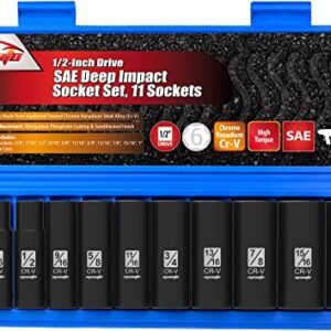 EPAuto 1/2-Inch Drive SAE Deep Impact Socket Set, Cr-V, 6 Points, 11 Sockets