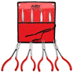 abn long reach 11in plier 4-piece set – 90-degree angle, 45-degree angle, straight needle nose, and duckbill pliers