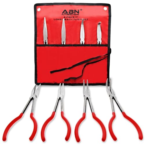 ABN Long Reach 11in Plier 4-Piece Set – 90-Degree Angle, 45-Degree Angle, Straight Needle Nose, and Duckbill Pliers