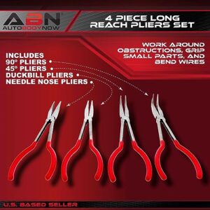 ABN Long Reach 11in Plier 4-Piece Set – 90-Degree Angle, 45-Degree Angle, Straight Needle Nose, and Duckbill Pliers