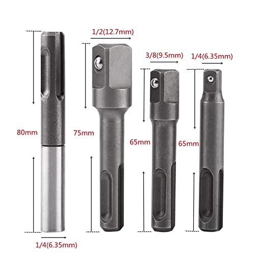 4 pcs SDS Plus Socket Adapter Set,1/4" Hex Socket Adaptor 1/4" 3/8" 1/2" Square Impact Socket Extension Connector Power Drill Bit Adapter