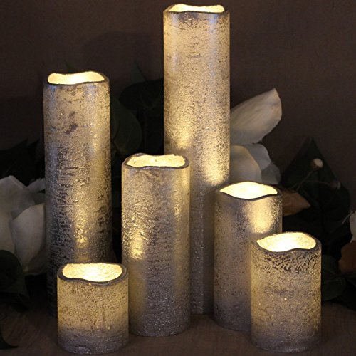 Flameless LED Candles Battery Operated with Timer Slim Set of 6, 2 Inches Wide and 2 - 9 Inches Tall, SilverCoated Wax and Flickering Warm White Flame for Home Holiday Decor or Christmas Decorations