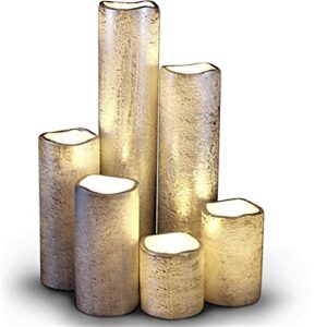 flameless led candles battery operated with timer slim set of 6, 2 inches wide and 2 - 9 inches tall, silvercoated wax and flickering warm white flame for home holiday decor or christmas decorations