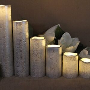 Flameless LED Candles Battery Operated with Timer Slim Set of 6, 2 Inches Wide and 2 - 9 Inches Tall, SilverCoated Wax and Flickering Warm White Flame for Home Holiday Decor or Christmas Decorations