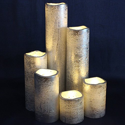 Flameless LED Candles Battery Operated with Timer Slim Set of 6, 2 Inches Wide and 2 - 9 Inches Tall, SilverCoated Wax and Flickering Warm White Flame for Home Holiday Decor or Christmas Decorations