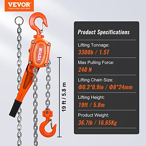 Happybuy Manual Lever Chain Hoist, 1-1/2 Ton 3300 lbs Capacity 20 FT Come Along, G80 Galvanized Steel with Weston Double-Pawl Brake,Auto Chain Leading & 360° Rotation Hook, for Garage Factory Dock